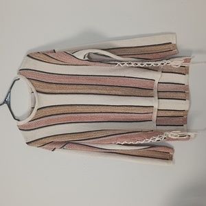 Paper crane neutral vertical striped sweater women's M high low soft cozy